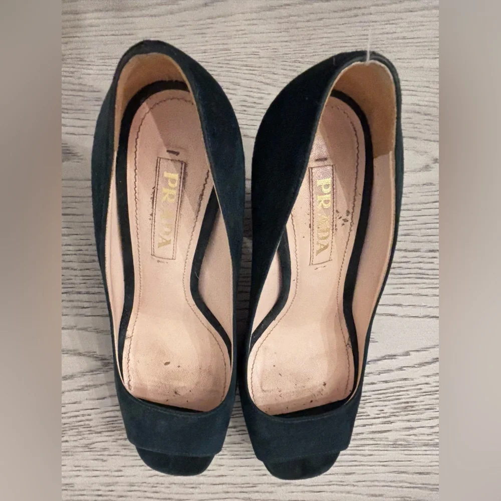 Prada Hunter Green Suede Open Peep Toe Platform Hell Size 6.5 - Picture 5 of 8